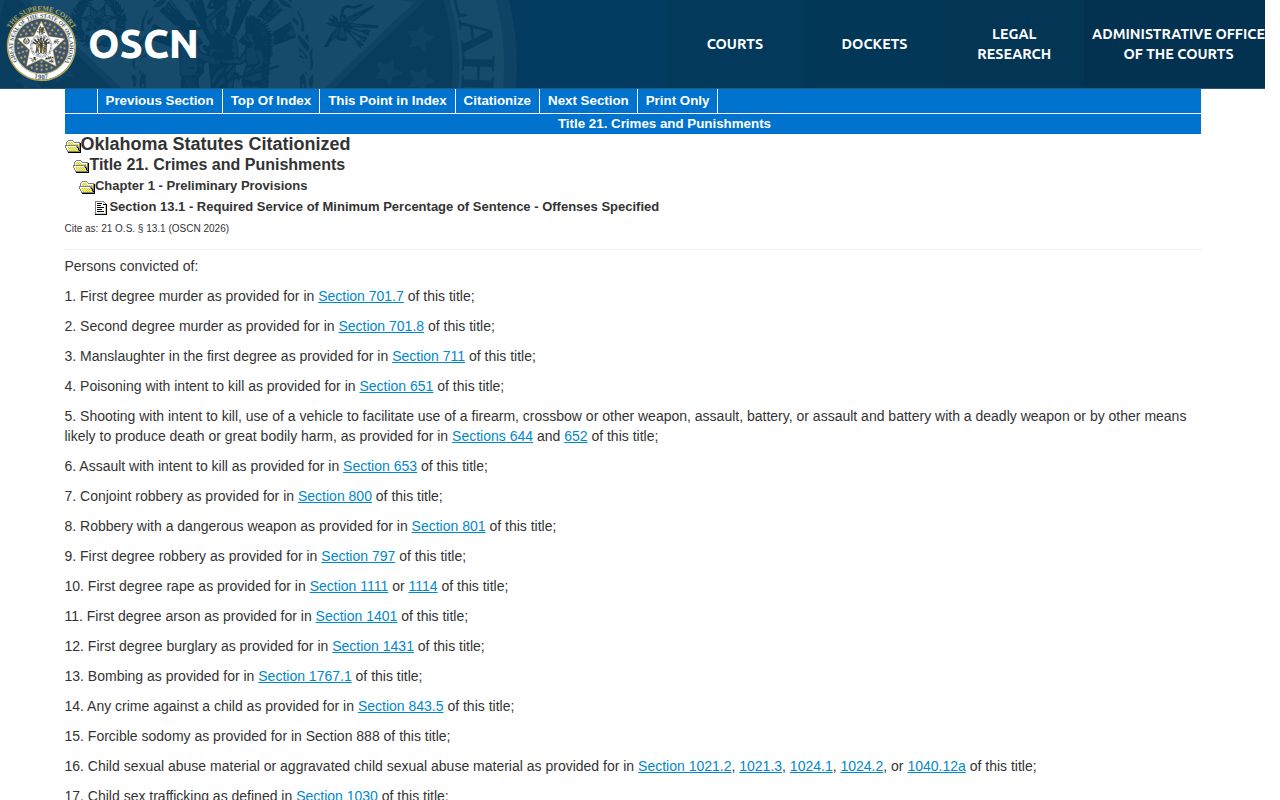 Adair County projected release date Oklahoma 85 percent statute