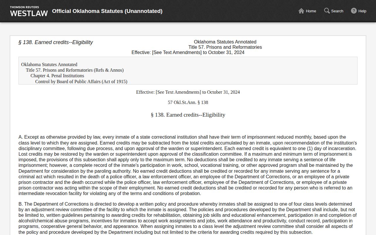 Adair County projected release date Oklahoma earned-credit statute