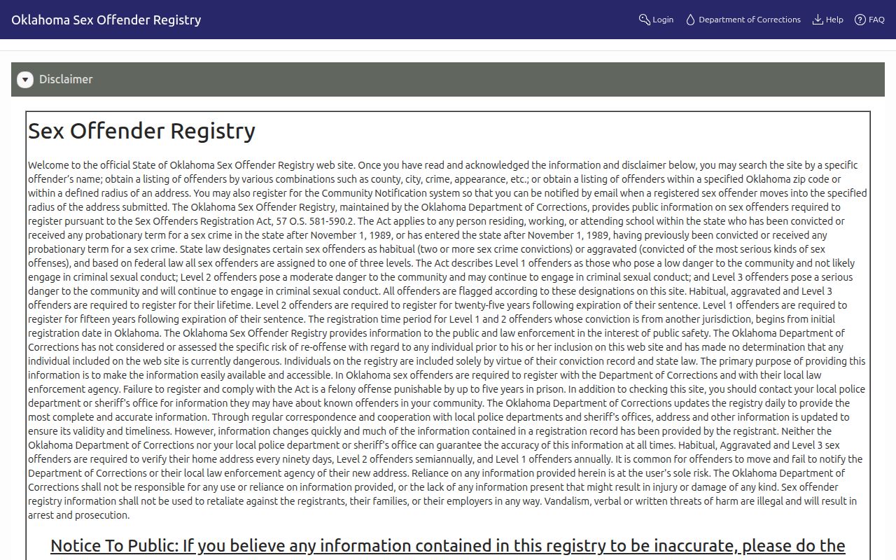 Oklahoma registry source for Adair County released mugshot records